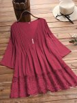 Plus Size Wave Trim Cut Out Top Women's Plus Elegant Long Sleeve Button Up T-Shirt