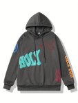 Men's Hooded Pigeon Pattern And Foaming Alphabet Print Sweat Shirt With Long Sleeve And Drawstring Chic And Stylish Hoodie For L