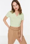 Fitted Crop Polo Neck Corduroy Knitted Stretch Blouse - Mint