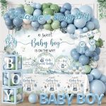 Blue And Sage Green Baby Boy Shower Decorations ALL-IN-1 Boho Baby Shower Decorations Boy With Balloon Arch Boy Boxes Plates Nap