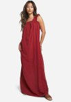 Textured Ruffle Strap Maxi Dress - Red