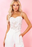 Cream Textured Floral Lace Up Back Long Top - Cream