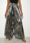 Sheer Metallic Pleated Palazzo Pants - Silver