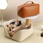 Chic Faux Leather Travel Cosmetic Bag For Women - Spacious Water-resistant Toiletry Organizer With Divider & Handle Easy To Clea