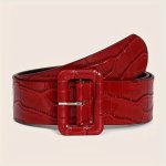Chic Red Wide Belt For Women - Vintage-inspired Faux Leather Waistband With Litchi Texture Perfect For Dresses & Outfits Fits 63