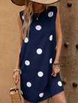 Polka Dot Print Crew Neck Dress Casual Sleeveless Loose Dress For Spring & Summer Women's Clothing