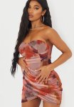 Orange Abstract Print Bandeau Ruched Bodycon Dress - Orange