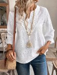 Eyelet Notched Neck Blouse Elegant Solid Color 3 4 Sleeve Blouse For Spring & Fall Women's Clothing