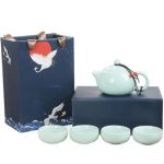 Chinese Tea Set 5 Piece Ceramic Chinese Tea Pot Set With Cups And Gift Box - Cyan
