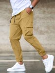 Solid Color Men's Multi Pocket Drawstring Cargo Pants Comfy Casual Joggers Pants