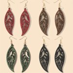 Wooden Hollow Leaf Design Dangle Earrings Carved Pattern Bohemian Elegant Style Wooden Jewelry Delicate Female Gift Fall Winter