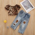 Soft Off Shoulder Leopard Top With Matching Denim Pants 5-6Y