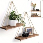 Chic Wooden Floating Shelf With Adjustable Hemp Rope - Perfect For Plants Flowers & Decor Easy Install No-damage Wall Mount Desi