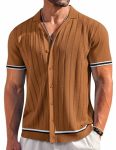 Coofandy Men Muscle Fit Button Down Shirt Short Sleeve Casual Knit Shirt For Party Wedding Brown