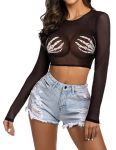 Avidlove Mesh Crop Top For Women Long Sleeve Sheer Tops For Women See Through Shirt Skull Palm 4XL