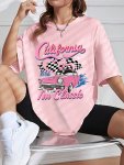 California Car Print Crew Neck T-Shirt Casual Short Sleeve Top For Spring & Summer Women's Clothing