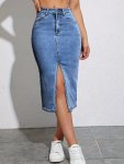 Fashionable Split Back Hem Plain Washed Blue Casual Style Bodycon Midi Denim Skirt Women's Denim Jeans & Clothing