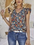 Floral Print V Neck Blouse Casual Flutter Sleeve Blouse For Spring & Summer Women's Clothing