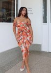 Floral Print Satin Draped Bardot Midi Dress - Rust
