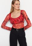 Patterned See-through Back Fitted sticky Crop Tulle Stretch Knitted Blouse - Red