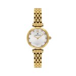 Womens Gold-tone Crystal Accent Watch With Sunray Silver Dial