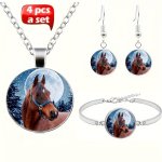 4PCS SET Fashion Jewelry Set For Men Horse Picture Glass Necklace & Stud Earrings & Bracelet Bangle Set Party Accessories