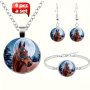 4PCS/SET Fashion Jewelry Set For Men Horse Picture Glass Necklace & Stud Earrings & Bracelet Bangle Set Party Accessories