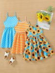 3PCS Slip Dresses For Girls Sunflower & Polka Dots & Striped A-line Casual Dresses Holiday Summer Clothing Gift