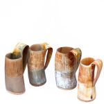 Viking Drinking Horn Mug Set Of 4 Handmade Medieval Ale Tankards With Display Holders Norse Drinkware Rustic Bar & Kitchen Decor