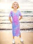 Tie Dye Side Slit Short Sleeve Slim Midi Dress For Girls Holiday Casual Dresses Summer Gift