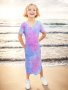 Tie Dye Side Slit Short Sleeve Slim Midi Dress For Girls Holiday Casual Dresses Summer Gift