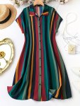 Button Front Color Block Dress Casual Short Sleeve Striped Dress Women's Clothing