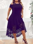 Plus Size Elegant Party Dress Women's Plus Solid Contrast Lace Panel Cold Shoulder Crew Neck Asymmetrical Hem Medium Stretch Dre