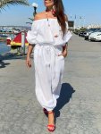 Solid Color Off Shoulder Jumpsuit Casual Puff Sleeve Cinched Waist Jumpsuit For Spring & Fall Women's Clothing