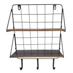 Wood And Metal Wall Shelf 2 Racks 3 Hooks 32CM