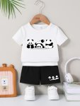 Baby Boys Girls 2PCS Outfit Cartoon Panda Pattern Cute Short Sleeve T-Shirt & Shorts Set Casual Summer Clothes For Toddlers