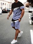 Men's 2-PACK Co Ord Set Of Color Block Geometric Pattern Sports Wear Crew Neck Short Sleeve T-Shirt & Drawstring Shorts Summer F