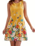 Floral Print Crew Neck Tank Dress Elegant Sleeveless Dress For Spring & Summer Women's Clothing