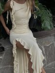 Ruched Ruffle Trim Split Bodycon Dress Elegant Sleeveless Asymmetrical Dress For Party & Banquet Women's Clothing