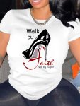 Walk By Faith Print Graphic T-Shirt Solid Short Sleeve Crew Neck Casual Top For All Season Women's Clothing