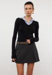Woven Detailed Shirt Collar Regular Fit Knitted Blouse - Black