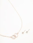 Rose Gold Linked Circle Necklaces & Stud Earrings Set - Onesize