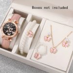6PCS SET Women's Elegant Butterfly Rhinestone Quartz Watch Analog Pu Leather Wrist Watch & Jewelry Set Gift For Mom Her
