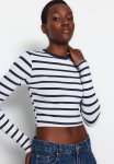 Striped Premium Fitted Crop Stretchy Knitted Blouse - Navy Blue