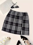 Houndstooth Print Bodycon MINI Skirt Casual Split Hem Skirt For Spring & Summer Women's Clothing