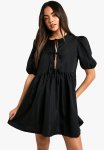 Tie Front Woven Puff Sleeve MINI Dress - Black