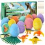 Beanewone Easter Dino Eggs Dig Kit - 12 Colorful Dinosaur Easter Eggs With Dinosaur Figures 12 Dig Tools For Easter Egg Hunt Easter Basket Stuffers