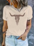 Bull Head Print Crew Neck T-Shirt Casual Short Sleeve T-Shirt For Spring & Summer Women's Clothing