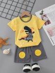 2PCS Boy's Cute Cartoon Dino Print Casual Outfit Crew Neck T-Shirt & Comfy Shorts Set Kids Summer Clothing