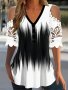 Plus Size Lace Stitching Top Casual V Neck Cold Shoulder Short Sleeve Top Women's Plus SizeClothing